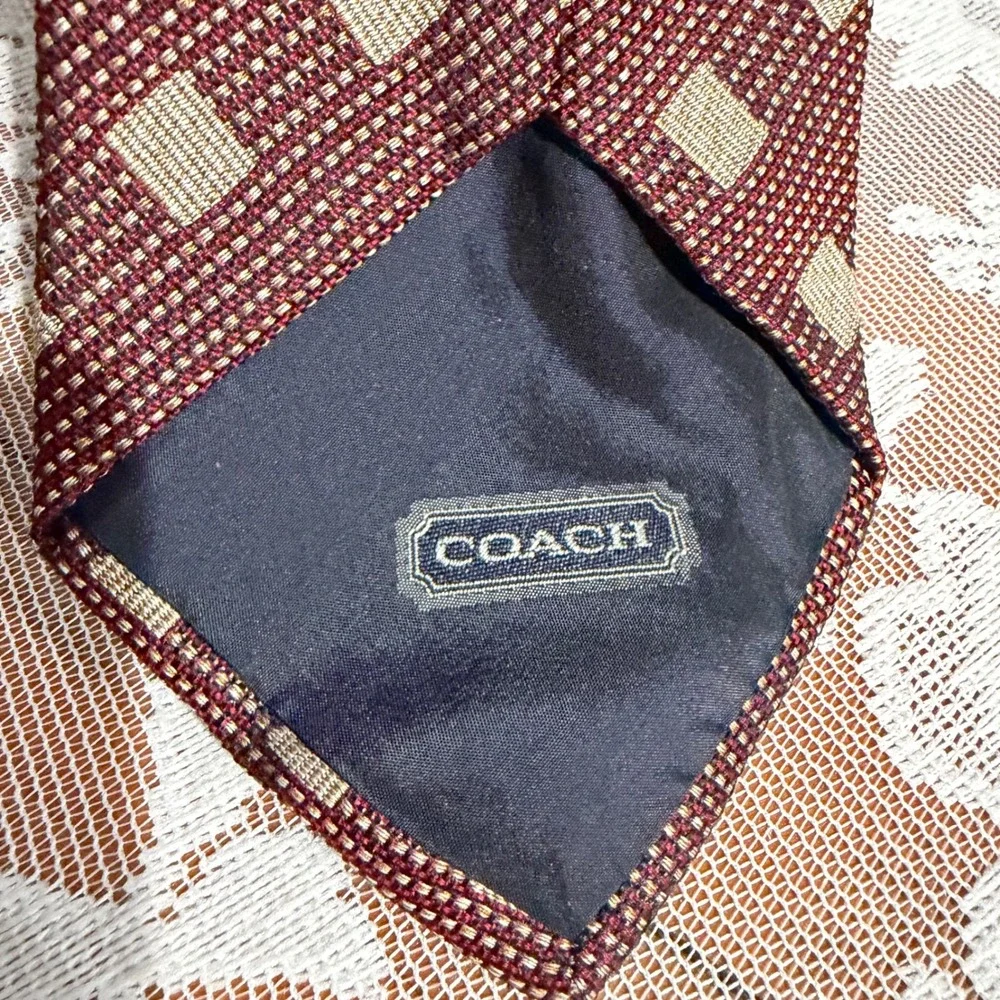 Coach Necktie Mens OS Burgundy Excellent Italian Silk Geometric Square Woven Tie